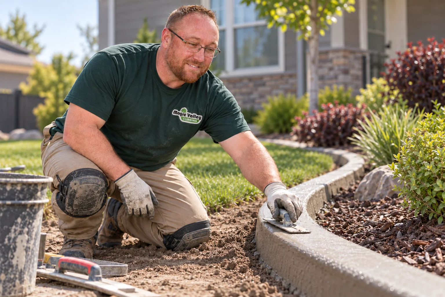 Brian Mendoza finishing a concrete landscape border