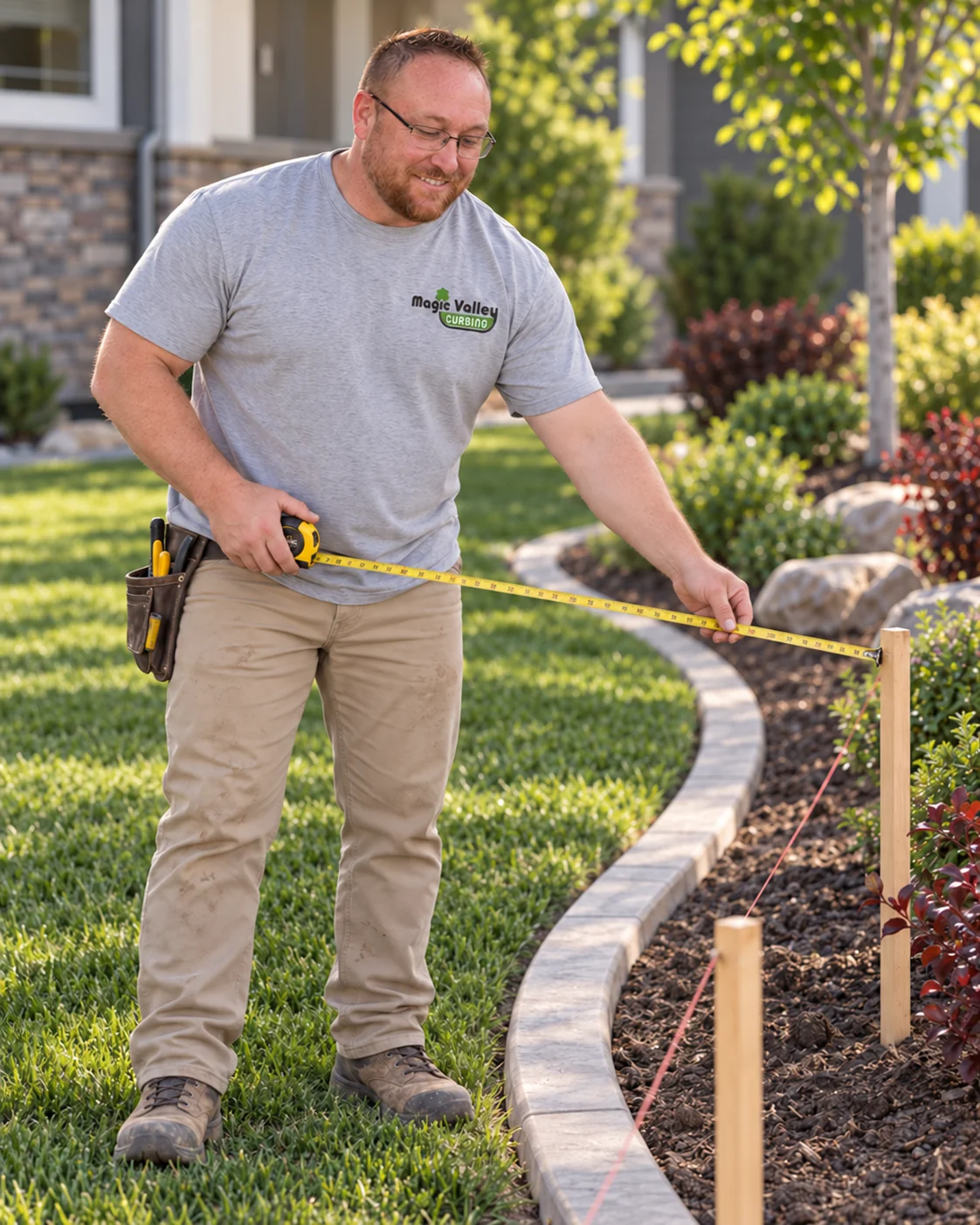 Brian Mendoza planning a landscape border with a tape measure