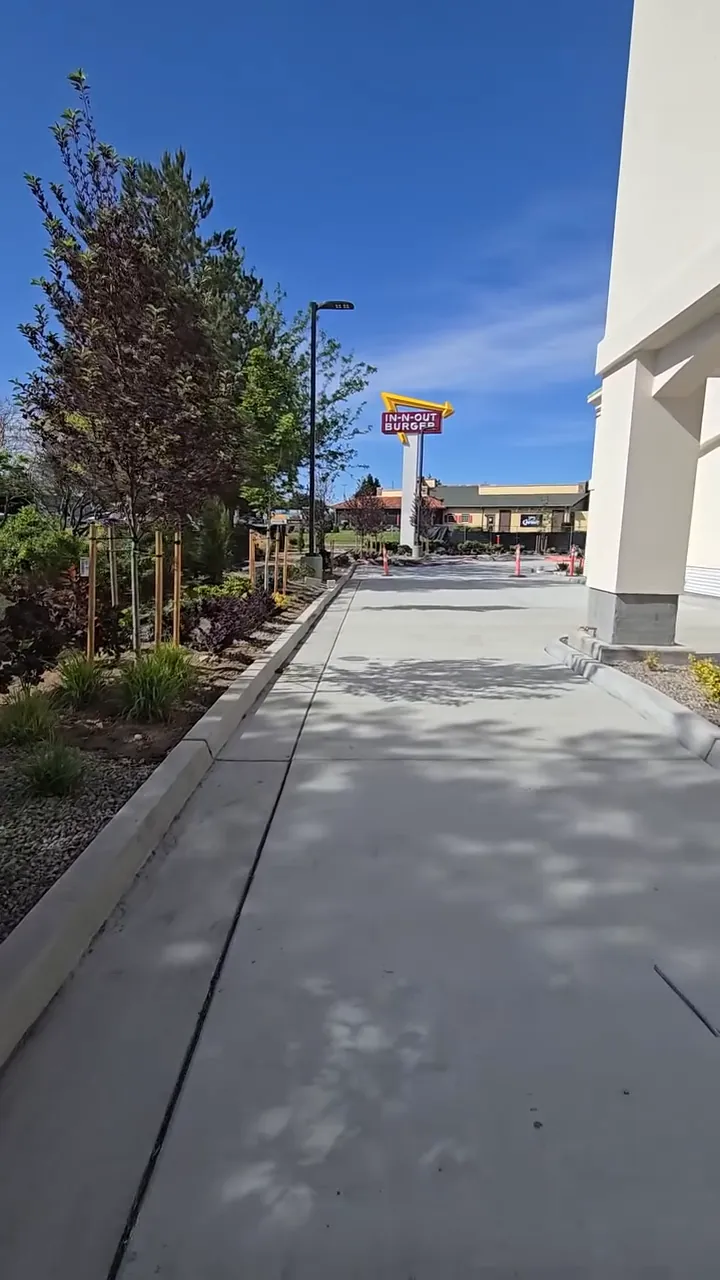 Concrete landscape border beside planted trees and a restaurant walkway