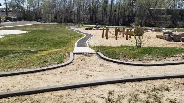 Fresh concrete borders meet at a path junction in a landscaped open area.