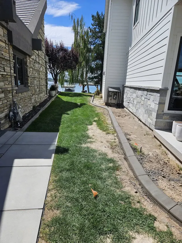 A slim concrete edge separates a narrow lawn from a house foundation beside a walkway.