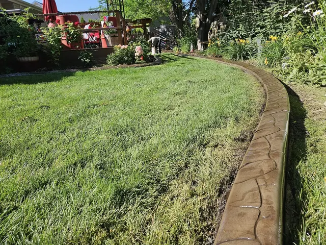 A brown textured concrete edge curves between grass and a planted garden bed.
