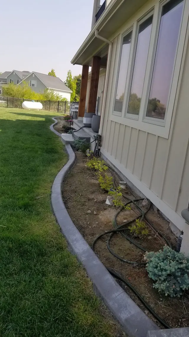 A gray curb follows a wavy planted strip beside light siding and green lawn.