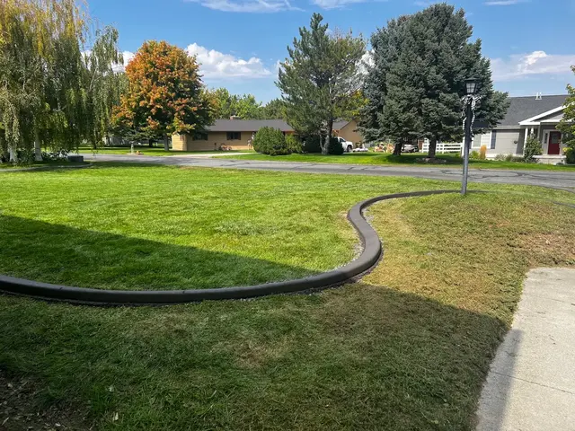 Broad green yard with a dark flowing curb separating lawn from an open planting strip.