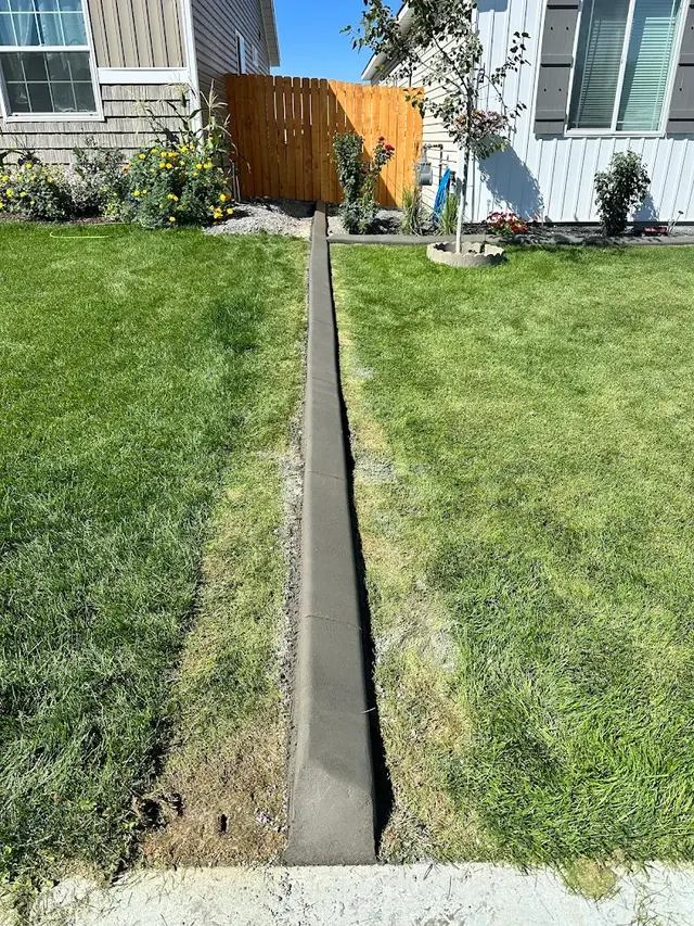 Straight concrete divider runs from a sidewalk through a lawn toward a young tree and house.